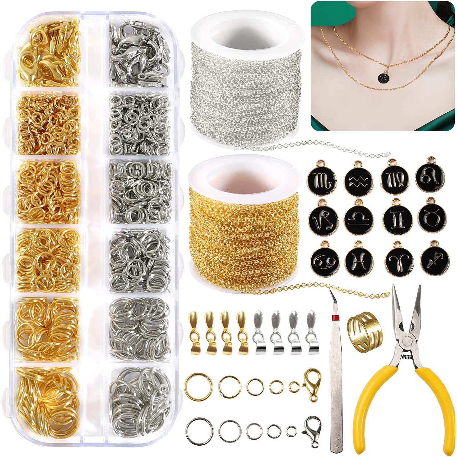 1077Pcs Jewelry Making Chains Kits 65 Feet DIY Necklace Chains for Jewelry  Making, 2mm Jewelry Chains 1000 Pieces Jump Rings 40 Pieces Lobster Clasps( Gold, Silver Chain Total in 65 Feet) 